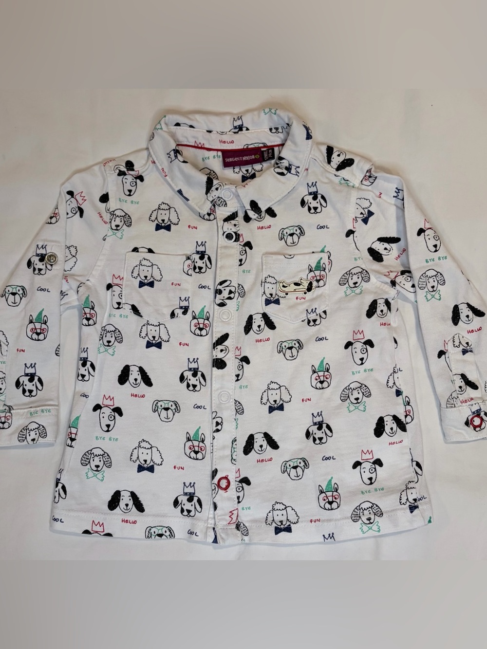 Sergent Major Baby Dog Print Long Sleeve Collared Shirt 12 Months